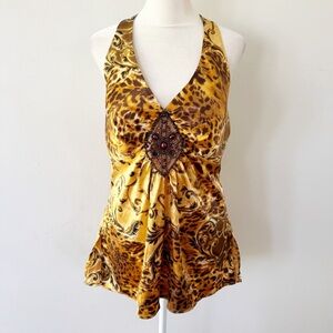 Vintage Cache Women Y2K Babydoll Satin Beaded Halter Tank Top Large Glam Baddie